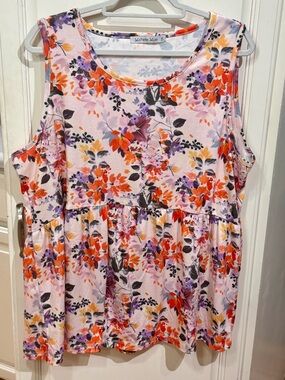 Michelle Mae Pink Floral Peplum Tank with Orange & Purple Blooms
